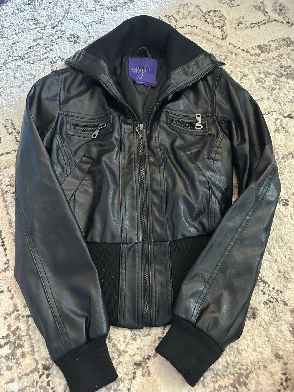 Miley Cyrus Edgy Women’s Black Faux Leather Bomber Jacket